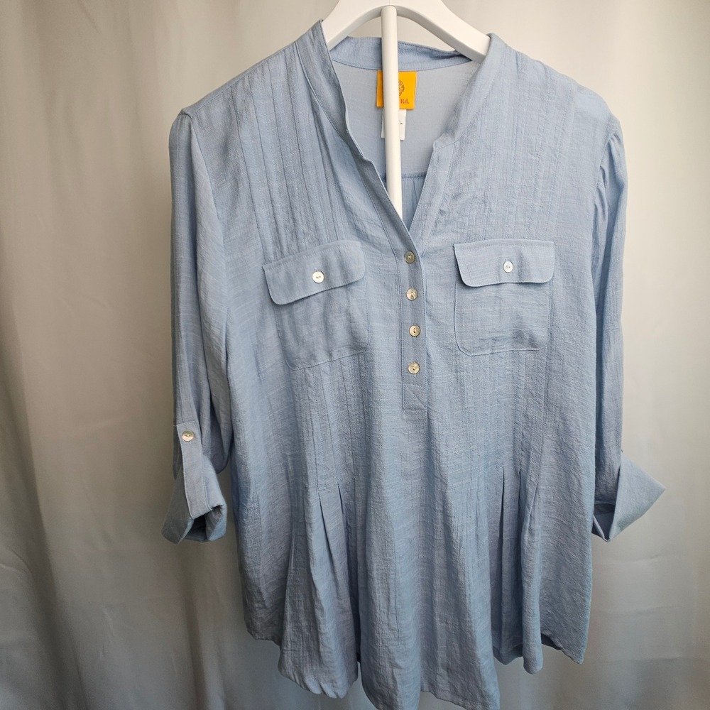 Ruby Rd Women Light Blue Roll Tab Sleeve Button Front Textured Blouse Size M New